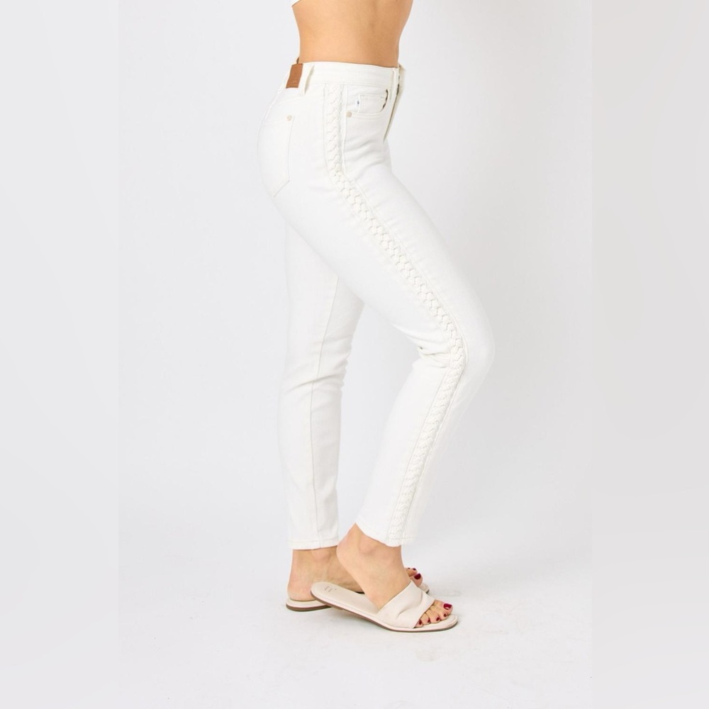 Judy Blue Mid Rise Braided Detail White